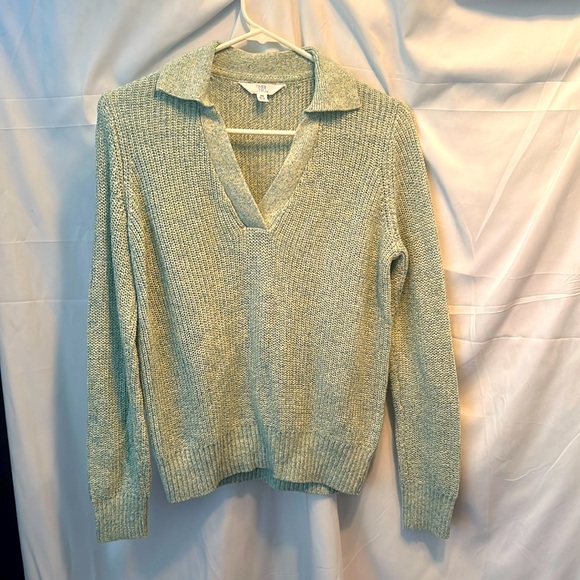Time and Tru Sweaters - TIME AND TRU V NECK LIGHTWEIGHT GREEN SWEATER WITH COLLAR RIBBED KNIT LOOK XS